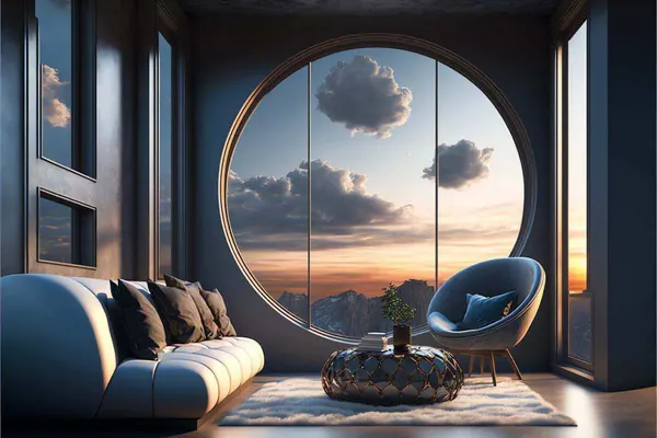 Living room with a large round window and a dark sofa