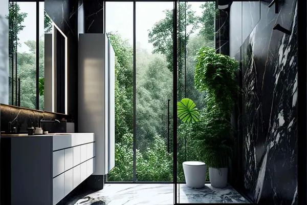 Bathroom with a black marble wall, wall-hung toilet and large windows onto greenery