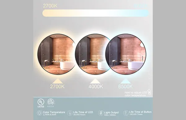 Three round mirrors lit at 2700 K, 4000 K and 6500 K