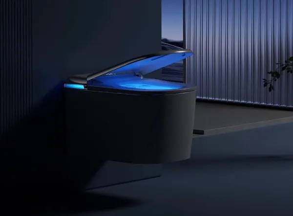 Dark smart toilet with ambient lighting in a modern bathroom