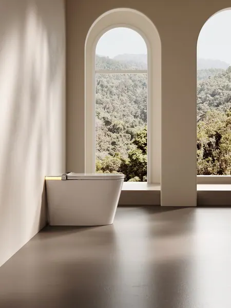 Keliss floor-standing smart toilet in a bright bathroom with an arched window